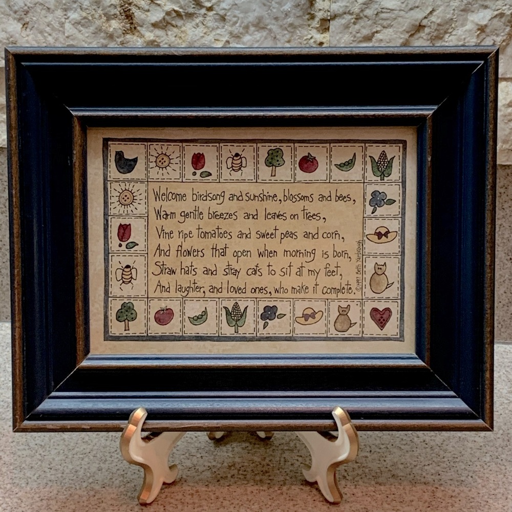 Framed Beth Yarbrough Country Poem 5” X 7”cornflower blue frame Summer Garden